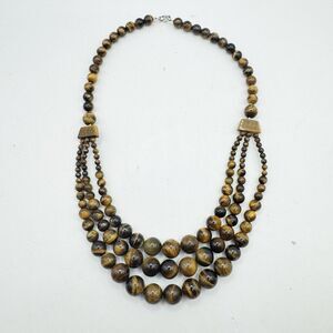 Tigers Eye Stone Graduated Bead Necklace Triple Strand Sterling Silver Bohemian